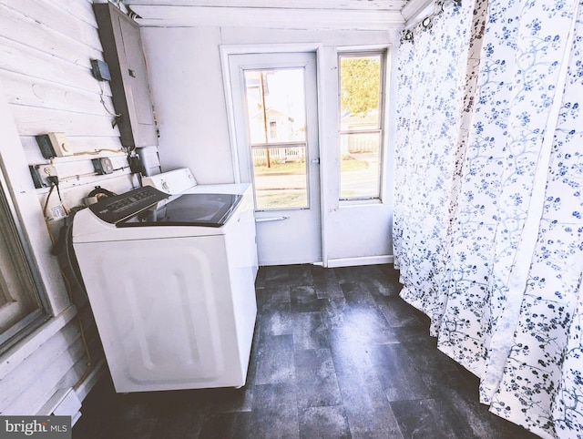 washroom with wood walls and electric panel