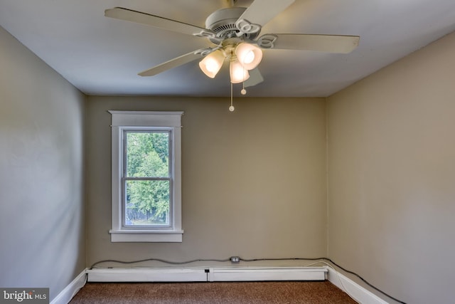 unfurnished room with a baseboard radiator, carpet flooring, ceiling fan, and baseboards