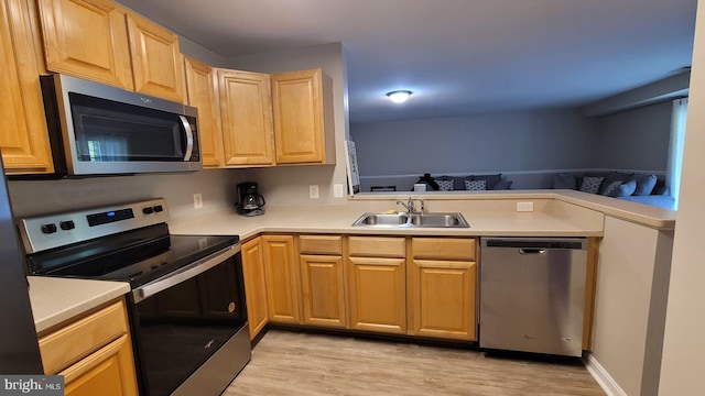 kitchen featuring light wood-type flooring, appliances with stainless steel finishes, and sink