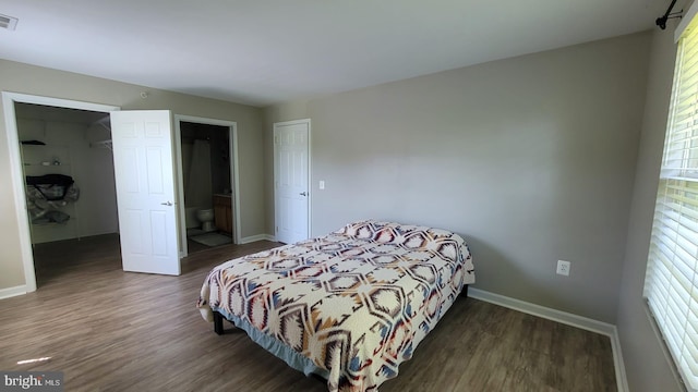 bedroom with a closet, a walk in closet, dark hardwood / wood-style flooring, and ensuite bath