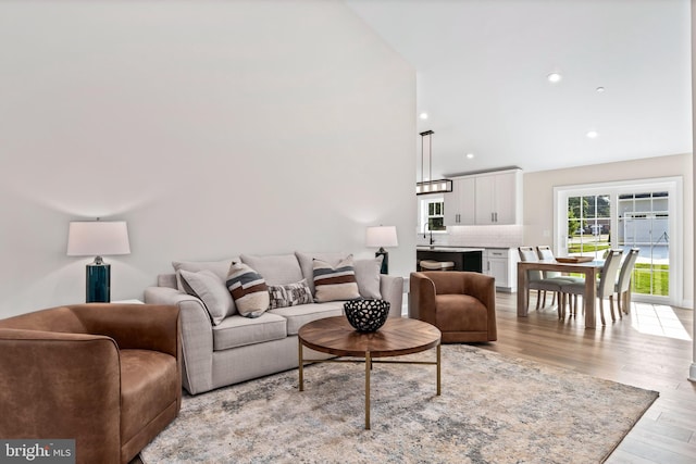 living room with sink and light hardwood / wood-style floors