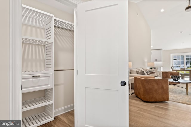 spacious closet with lofted ceiling and light wood-type flooring