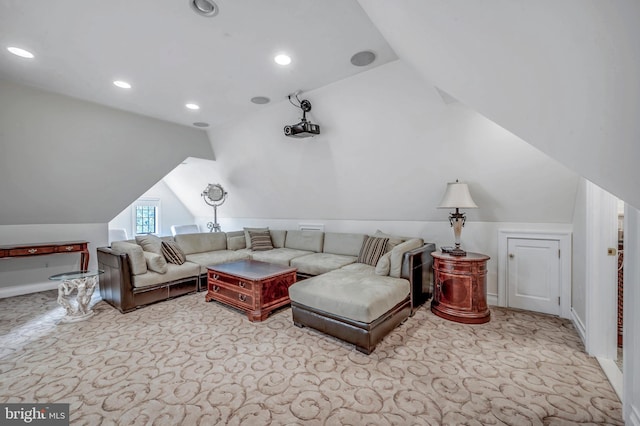 living room with carpet, lofted ceiling, and recessed lighting