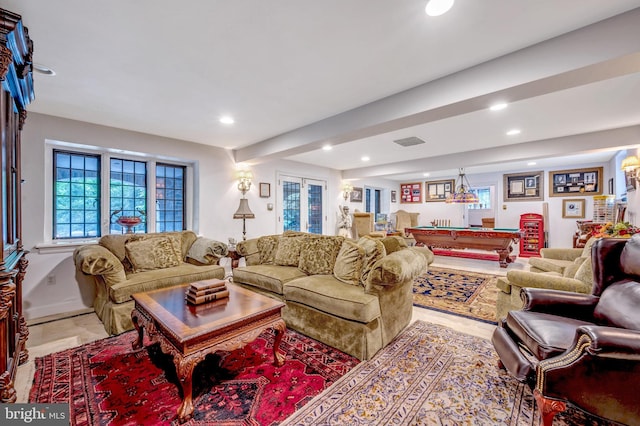 living room featuring plenty of natural light, billiards, visible vents, and recessed lighting