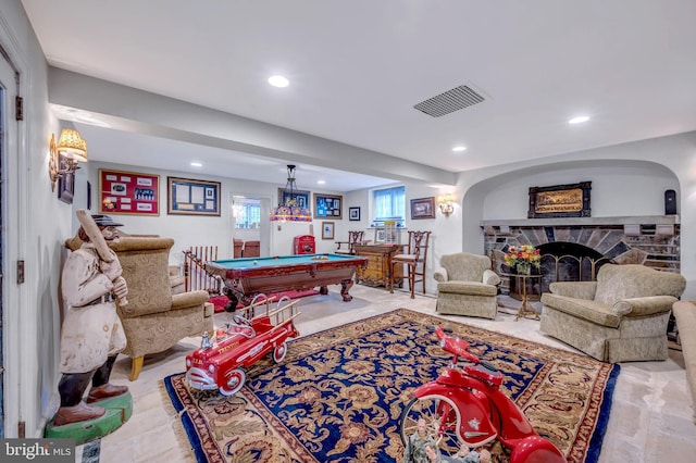 rec room featuring recessed lighting, pool table, indoor bar, a fireplace, and visible vents