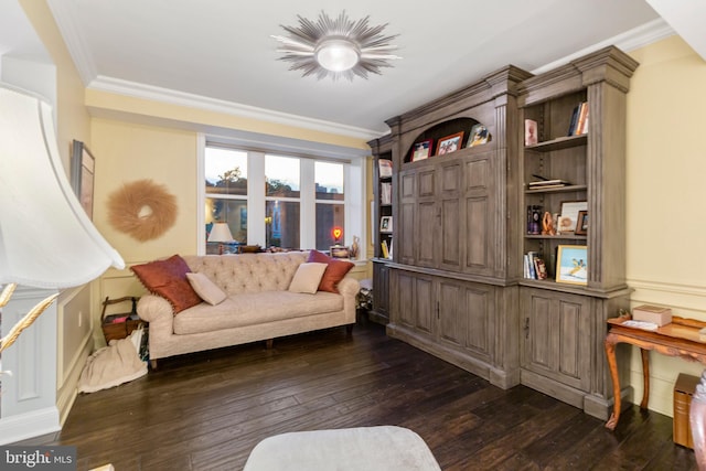 living room featuring ornamental molding and dark hardwood / wood-style floors