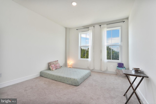 bedroom featuring light colored carpet