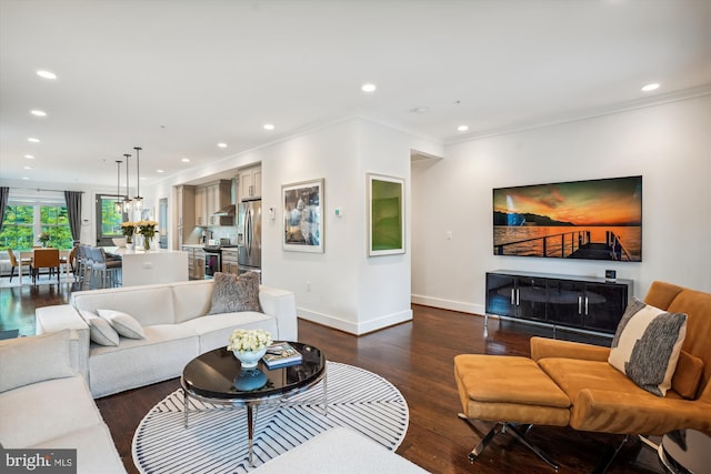 living room with ornamental molding and dark hardwood / wood-style flooring