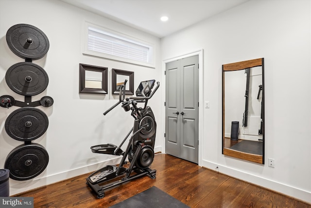 exercise room featuring dark hardwood / wood-style floors