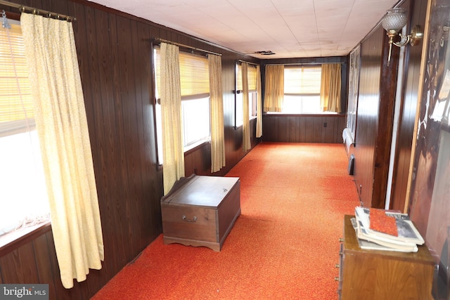 corridor with wooden walls and carpet flooring