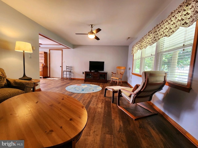 living room with ceiling fan and hardwood / wood-style flooring