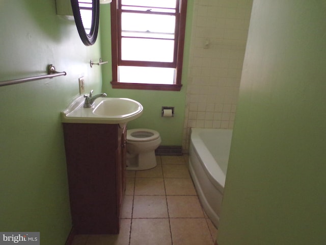 bathroom with vanity, a shower, tile patterned floors, toilet, and a washtub