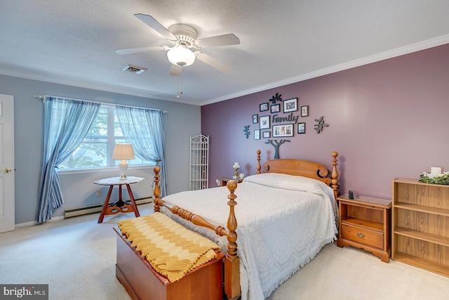 bedroom with a textured ceiling, light colored carpet, a baseboard radiator, ornamental molding, and ceiling fan