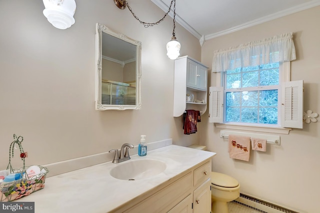 bathroom featuring vanity, a baseboard radiator, crown molding, and toilet