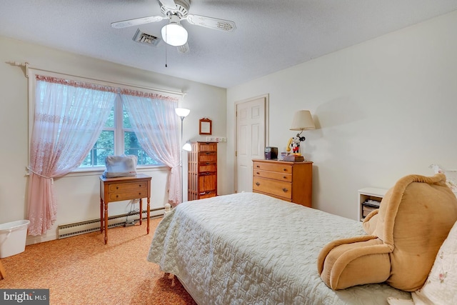 bedroom featuring a textured ceiling, carpet flooring, ceiling fan, and a baseboard heating unit