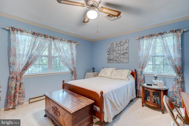 bedroom featuring ceiling fan, light colored carpet, baseboard heating, and crown molding