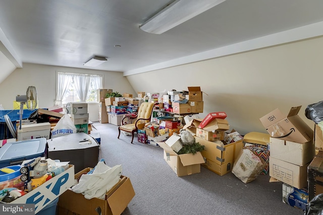 misc room with vaulted ceiling and carpet floors