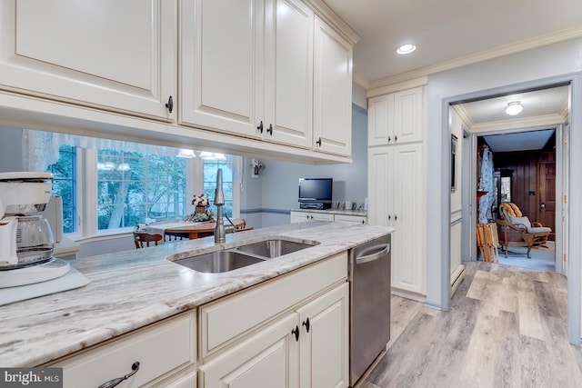 kitchen with white cabinetry, dishwasher, crown molding, light hardwood / wood-style flooring, and sink