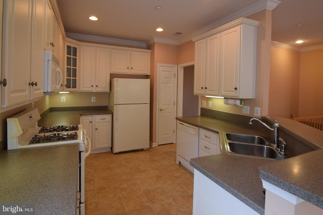 kitchen featuring white cabinets, crown molding, white appliances, and sink