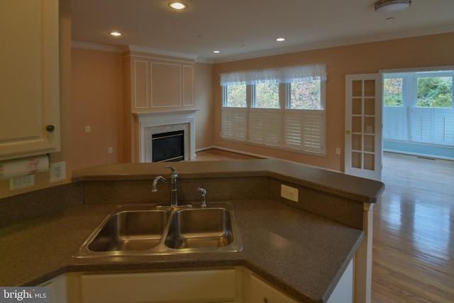 kitchen with kitchen peninsula, light hardwood / wood-style flooring, a wealth of natural light, and sink