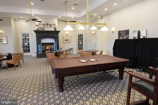 playroom with carpet flooring, crown molding, and billiards