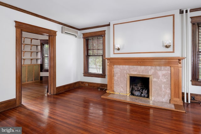 2000 Lawrence Rd, Lawrence Township, NJ 08648 - unfurnished living room with a wall unit AC, wood finished floors, a fireplace, and ornamental molding