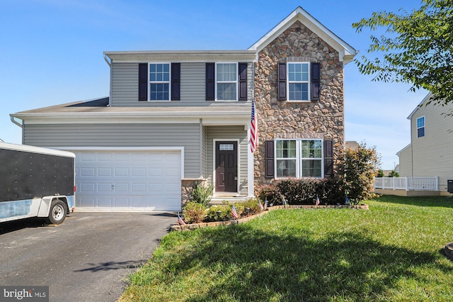 view of front of home featuring a garage, stone siding, aphalt driveway, and a front yard