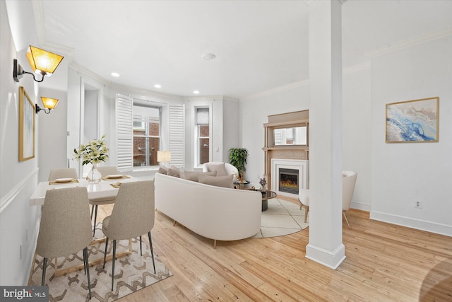 living room featuring crown molding and light hardwood / wood-style flooring