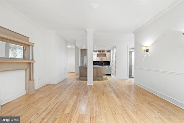 unfurnished living room featuring ornate columns, light wood-type flooring, and ornamental molding