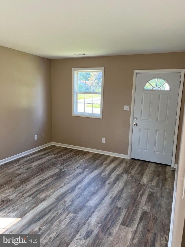 entrance foyer with dark wood-type flooring and a healthy amount of sunlight