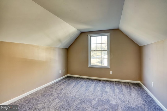 additional living space featuring vaulted ceiling and carpet floors