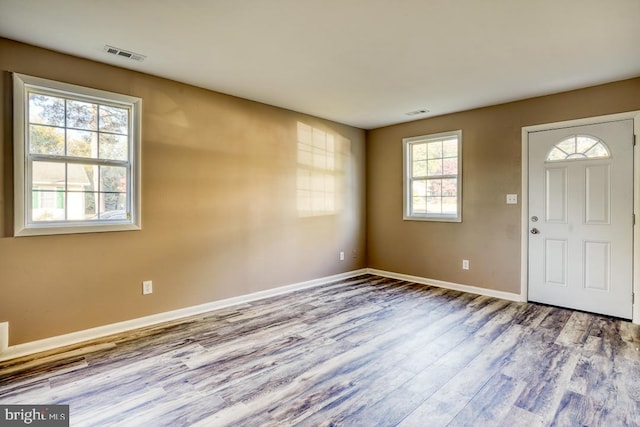 foyer entrance with light hardwood / wood-style floors and a healthy amount of sunlight