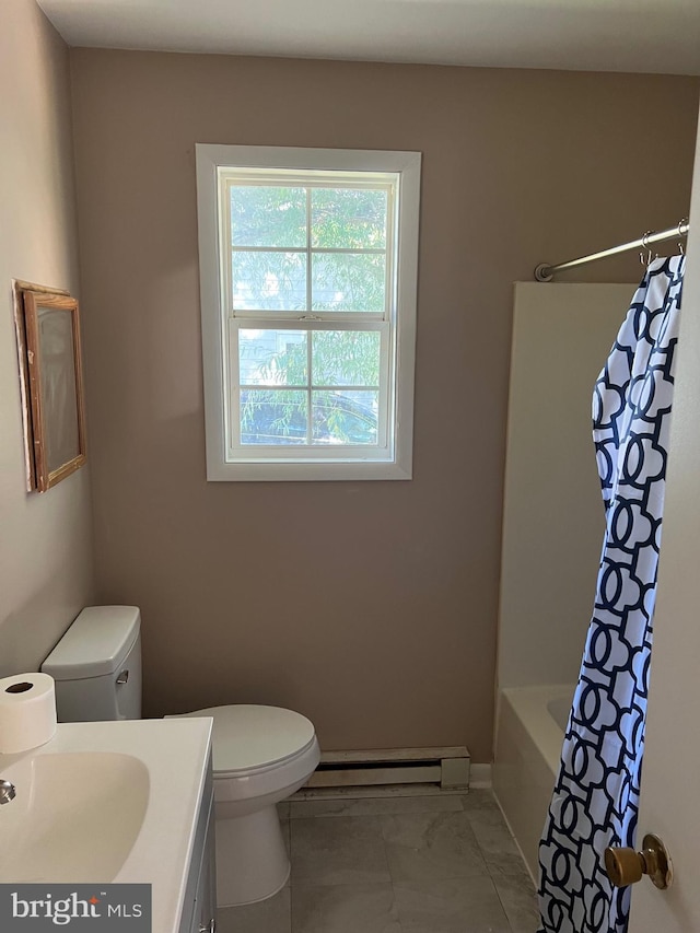 full bathroom featuring shower / bath combination with curtain, toilet, baseboard heating, and vanity