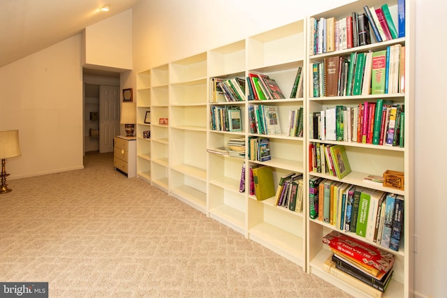 interior space with carpet floors and lofted ceiling