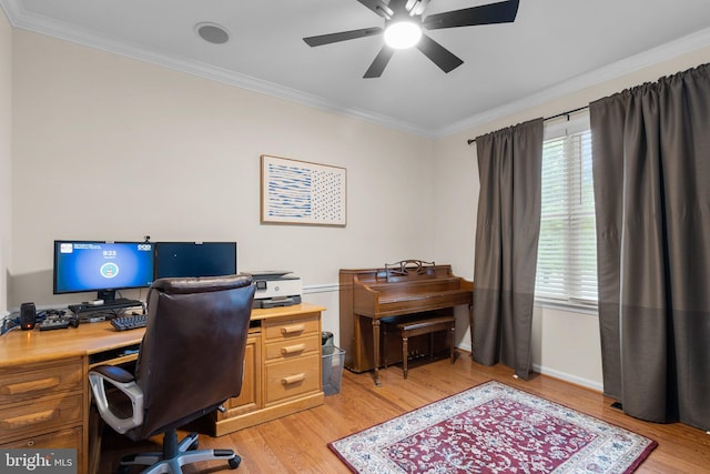 office space with light wood-type flooring, ceiling fan, and ornamental molding