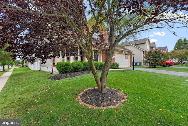 view of property hidden behind natural elements featuring a garage and a front lawn