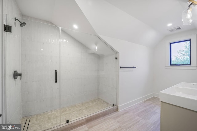 4428 Albemarle St NW, Washington, DC 20016 - full bath featuring vaulted ceiling, a shower stall, vanity, baseboards, and recessed lighting