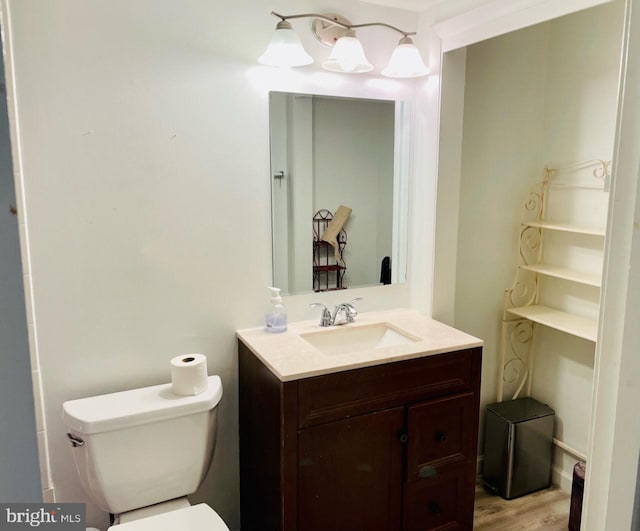 bathroom featuring vanity, hardwood / wood-style flooring, and toilet