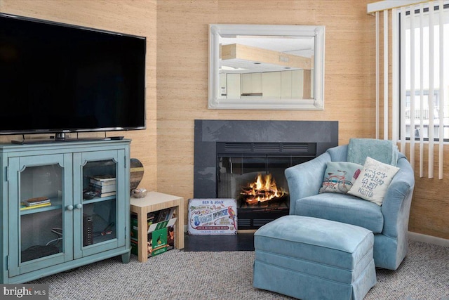 living area with a fireplace and carpet