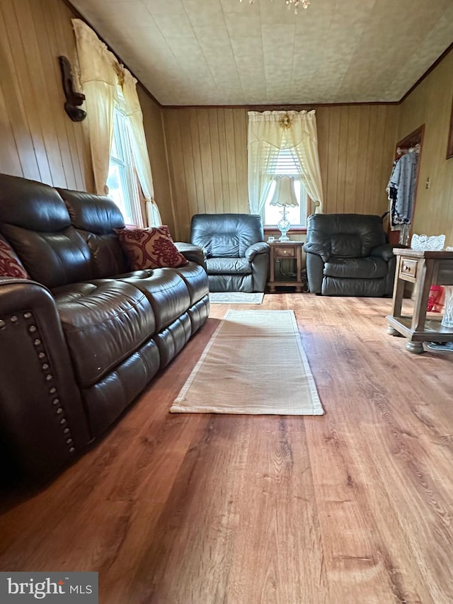 living room with hardwood / wood-style floors, wooden walls, and a healthy amount of sunlight