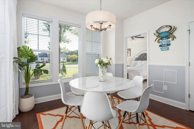 dining space with ceiling fan with notable chandelier, plenty of natural light, and dark hardwood / wood-style floors