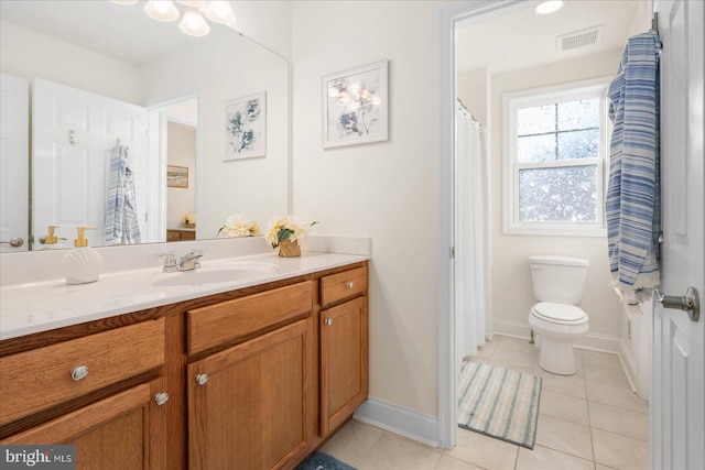 bathroom featuring vanity, toilet, and tile patterned flooring