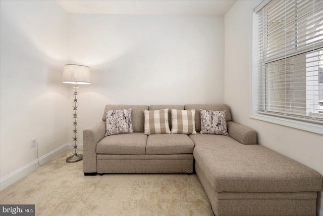 living room featuring light carpet