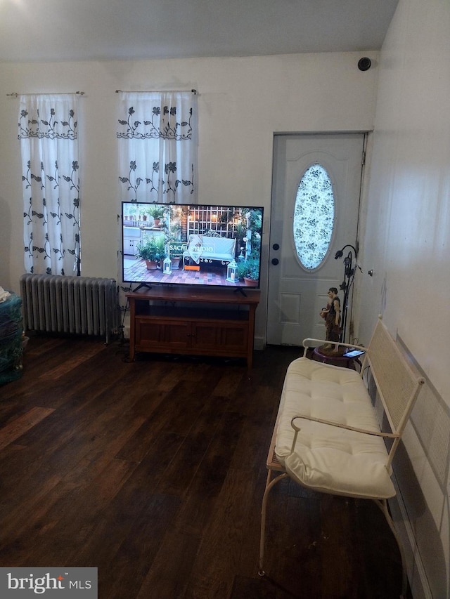 entryway with dark wood-style floors and radiator heating unit