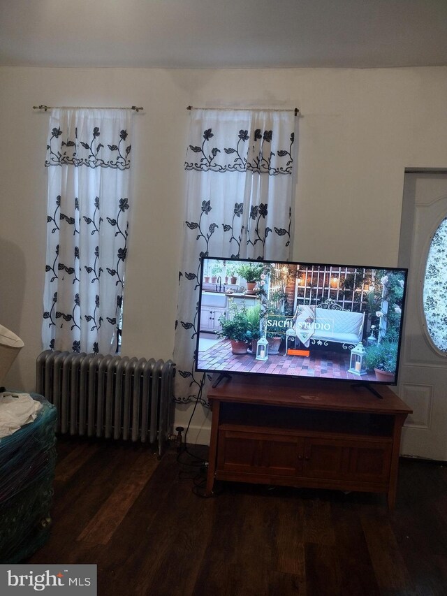 interior space with hardwood / wood-style flooring and radiator heating unit