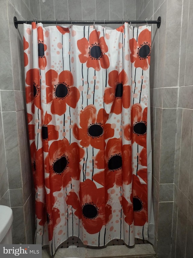 bathroom featuring toilet and a shower with shower curtain