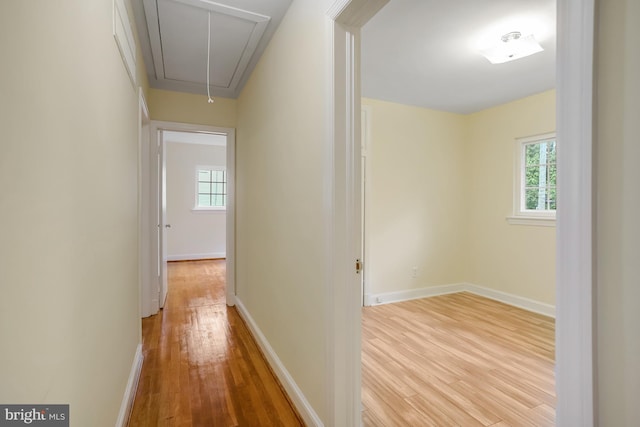 hallway with wood finished floors, attic access, baseboards, and a wealth of natural light