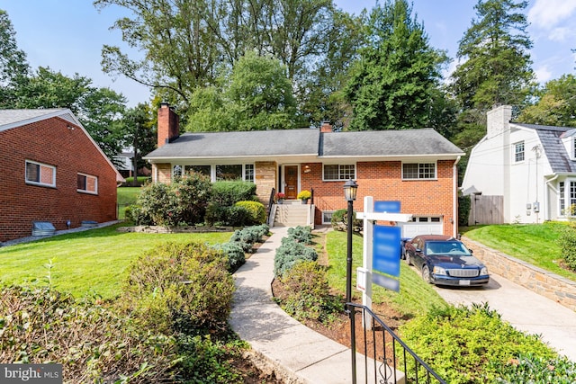 ranch-style home with a garage, a front yard, brick siding, and concrete driveway