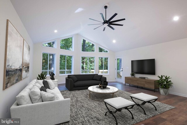 living room featuring high vaulted ceiling, ceiling fan, and dark hardwood / wood-style floors