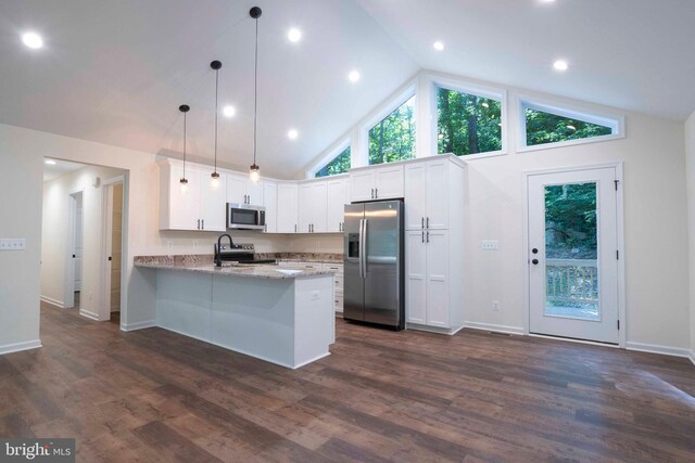 kitchen featuring light stone countertops, stainless steel appliances, dark hardwood / wood-style floors, kitchen peninsula, and high vaulted ceiling